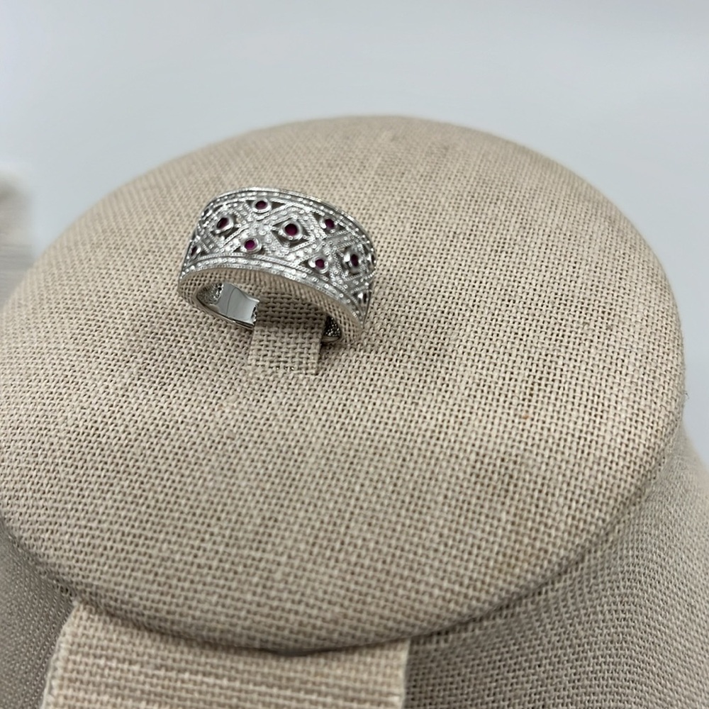 Vintage HJS 925 Sterling Silver Filigree Garnet Ruby Band Ring Size 5 Korea - Picture 10 of 15